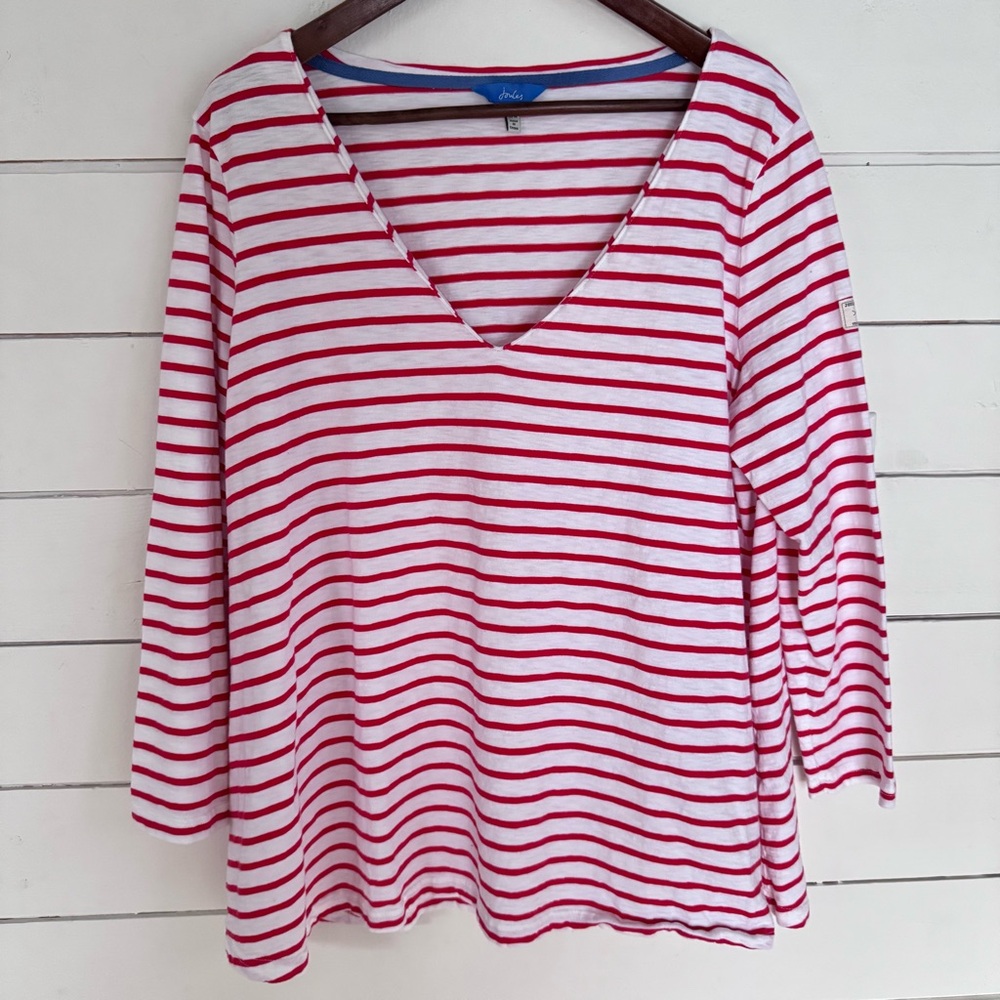 Joules Harbour Light Swing Red & Cream Stripe V Neck Jersey Top Size: 14 - Picture 2 of 10